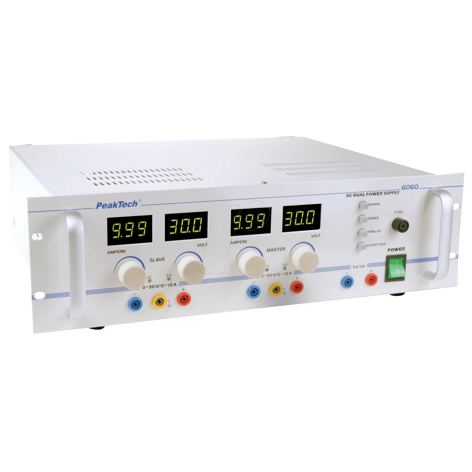 Peaktech P6060 - Regulated Dual Power Supply, 2 x 0 - 30 V/2 x 0 - 10 A, 5 V/3 A fixed